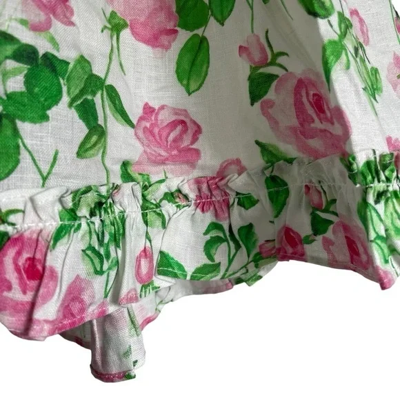 Hill House Paz Skirt Linen Lined Ruffles Pink Roses Romantic Cottagecore NWT
